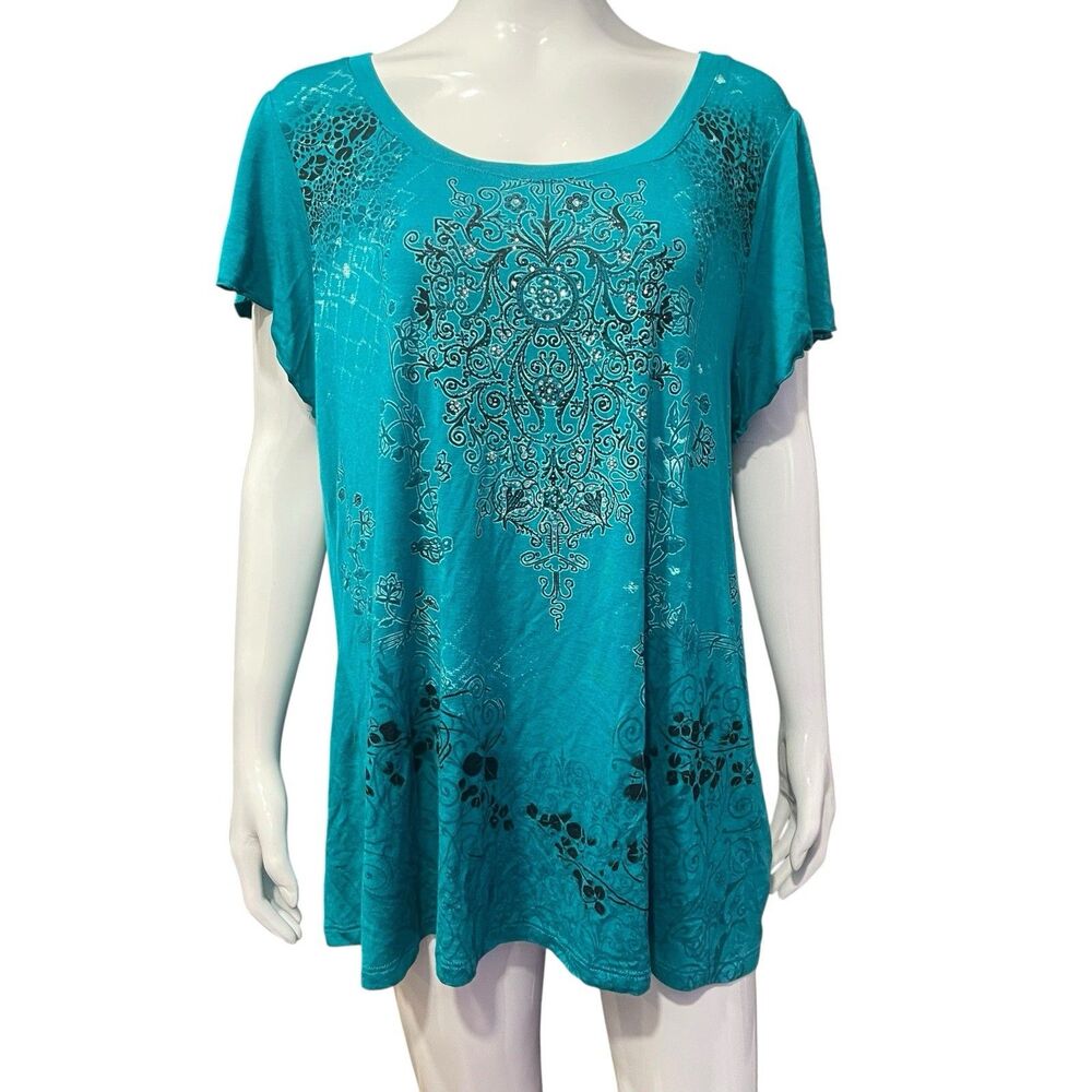 B.L.E.U. Bleu Womens Shirt 2X Short Sleeve Beaded Blouse Top Turquoise Y2K Lace